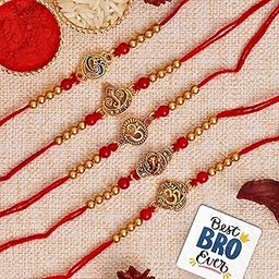 eCraftIndia Set of 5 Red & Golden Om Symbol and Lord Ganesha Designer Religious Rakhi with Roli Chawal Pack and Best Bro Ever Fridge Magnet - Rakhi for Brother, Bhaiya, Bhai-14
