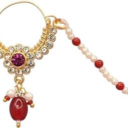 Gold Plated Traditional Ethnic Bridal Nose ring Nosepin Piercing nath with Pearls chain for Women n Girls-N 2693-image-35