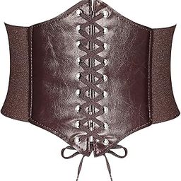 Women's Faux Leather Lace-up Corset Belt, Elastic Side Panels, Black-image-90