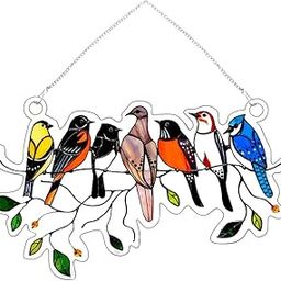 MERISHOPP™ Stained Glass Birds Window Panel Hanging Suncatcher 20.5X12.5Cm-image-82