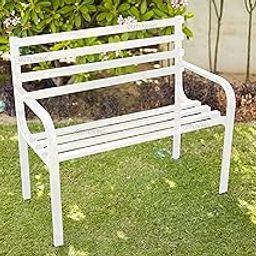 OUTLIVING Metal 2 Seater Bench for Garden Outdoor Seating Bench for Terrace Home (White)-image-29