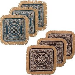 Kuber Industries Pack of 6 Velvet Pooja Mat for Sitting On Floor | Comfortable Eating Aasan for Home | Decorative Sitting Mat for Meditation & Mandir | Floral - Brown & Firozi-79