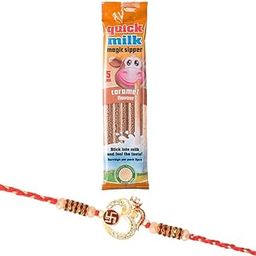 Quick Milk Magic Sipper Straw with Premium Premium Om Swastik Rakhi | Rakhi Gift For Brother | Magic Sipper Straw | 09-1