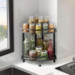IBELL IBLCS233 2 Layer Kitchen Corner Rack/Shelf, Carbon-Steel/Kitchen Organizer/Counter for Utensils Storage (Black)-image-1