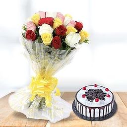The FloralMart Fresh Flower Bouquet of 15 Mixed Roses With Birthday Special Black Forest Cake | Fresh Baked Cake for Birthday, Anniversary & Any Occasion (2 KG)-image-10
