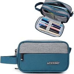 High Capacity Pen Case Durable Pencil Bag Stationery Pouch Zipper, Portable Journaling Supplies with Easy Grip Handle & Loop, Asthetic Supply for Adults, (LightGrey-Tblue)-image-6