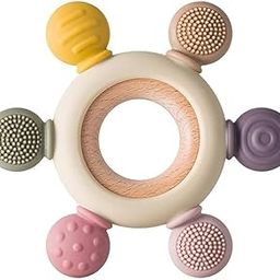 VAALYA TOYS Infant Wooden Teether, Baby Teething Toys Silicone Teethers Bpa Free Silicone Rudder with Wooden Ring Soothe Babies Gums-image-30