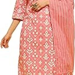 Shree Women Cotton Pink Geometric Print Kurta Trouser Dupatta-image-1