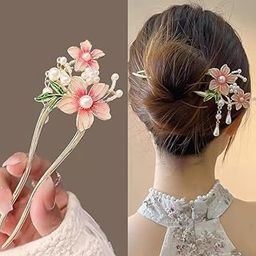 Ashkash 1pc Elegant Chinese Floral Design U-Shaped Hair Bun Stick for Women - Pink Flower & Green Leaf Embellishments, Traditional Alloy Hair Chignon Chopsticks with Imitation Pearls Decor Hair Accessories for Women Girls-image-51