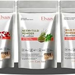 Elvaay Rose Petals, Neem Tulsi & Wild Turmeric Powder, Trio Pack, 100g each, Ayurvedic Body Scrub for Glowing Skin-image-65