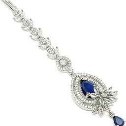Rhodium Plated Designer American Diamonad Tear Drop Crytal Studded Silver Toned Maang Tikka for Women and Gifts for Girls-16