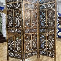 Home & Goods International 3-Panel Wooden Room Divider Partition Screen, Hand-Carved S Design, Vintage Brown, 180 cm Height x 152 cm Length-image-88