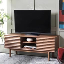 ND INTERNATIONAL Modern Wooden TV Stand with Slatted Door Design Solid Wood Media Console in Walnut Finish with Storage Shelves & Cabinet Stylish Entertainment Unit for Living Room, Bedroom-image-64