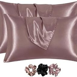 Go well Solid Satin Silk Pillow Covers Pack of 2 for Hair & Skin-with Satin Scrunchies for Women Stylish|scrunchies for Women 3-Piece|Silk Pillow case(Rose taupe)600TC-12