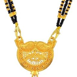 Royal Round Gold Plated Mangalsutra with Engraved Dual Leaf Motif Pendant & Bead Chain-image-0