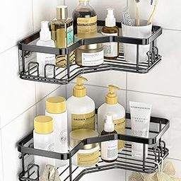 BIRDWING 2 Pic Combo Self Adhesive Corner Shelf for Bathroom/Adhesive Shelf for Kitchen with Magic Sticker/Bathroom Organizer Without Drill (GI Metal, Black) - Pack of 2-11