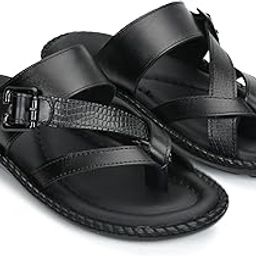 Men's Leather Slip-On Toe Loop Slippers with Dual Strap & Buckle Detailing | Cushioned Comfort Sole-image-91