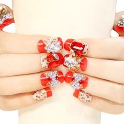 Secret Lives® acrylic press on nails designer bridal artifical nails extension red color and silver 3d bow with red & silver crystals design 24 pieces set with glue sheet-picture-16
