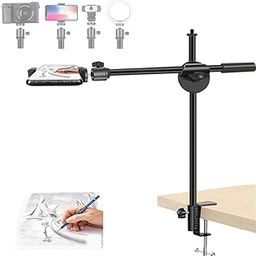 BROLAVIYA Overhead Video Mobile Metal Desktop Stand with 1/4" Male Adaptor for Camera, GoPro, Ring Light with Base Clip clamp and Mobile Bracket for Meeting, Photo Video, Shooting-1