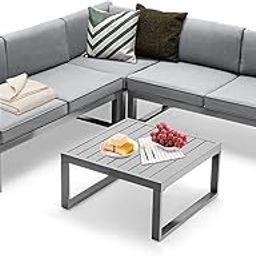 Design HUB 4 Pieces Metal Patio Furniture Set Heavy Duty Cushioned Outdoor L Shaped Sofa Set for Poolside, Backyard, Deck, and Garden (Grey)-image-41