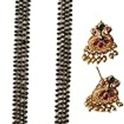 Maharashtrian Traditional Temple Polish Pendant and Black Beads Golden Chain and Earrings Set Mangalsutra for Women Wedding jewellery (36 Inch- 4 line)-image-83