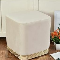 Ereteken ART Modern Square Velvet Upholstered Ottoman with Gold Plating Base Foot Vanity Makeup Stool,Side Stool for Bedroom Living Room (Off White)-2