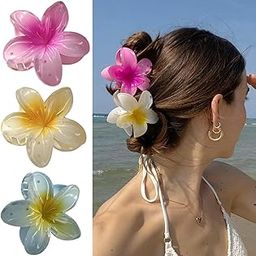 3Pcs Large Hawaiian flower claw clip Pink Yellow Blue Plumeria Hair Accessories Summer Flowers Claw Clips Barrettes Hawaiian Accessories For Women Thick And Thin Designs-36