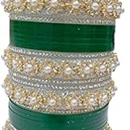 NAKODA CREATIONS Traditional Pearl Embellished Bangles Set, Green and Gold, Wedding Wear Chura-image-21