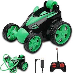 Gooyo DB2060 Rechargeable 360° Rotating & Rolling Small Stunt Car Toy with USB Cable & Remote Controller | Green Color, Power Source: Lithium Battery in Car (Included)-0