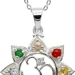 Navratan Sterling Silver Pendant Necklace, 3mm Gemstones, 2.5g, Multi-Colour-image-12