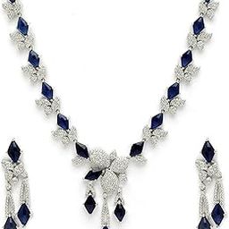 Silver Plated Brass Rhodium Coated Royal Blue Crystal American Diamond Crytsal Blooms Necklace With Earring Jewellery Set For Women-image-40