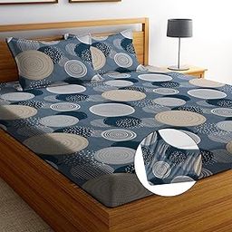 RD TREND Presents Luxurious Glace Cotton Super Soft 210 TC 360° Elastic Fitted Bedsheet King Size (78X72X8 Inch) with 2 Pillow Covers, Color -Grey Gold, Pattern-Circle-image-98