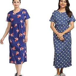 Pack of 2 Maternity and Nursing Cotton Dresses, Navy Blue with Floral and Heart Prints, Short Sleeve, Mid-Length-image-0