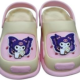 Cutest KUROMI Clogs with Rotating Kuromi Charms Kids Beach Pool Slippers Summer Flip Flops (01 Pair) Size - EURO-32/33 (6-7 Years) YELLOW PINK-12