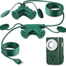 Feekoon 25ft outdoor extension cord with 6 outlet and outlet timer, 16AWG SJTW green cable splitter with weather resistant covers, multiple outlet for-22