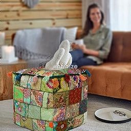 iinfinize Ottoman Pouffe Cover Cotton Patchwork Mudda Pouffe Case Home Decor Sitting Pouffe Cover Throw Handmade Antique Bean Bag Footrest Pouffe Cover (Green, Square)-image-95