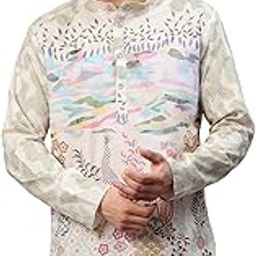 Men's Cotton Blend Abstract Jungle Printed All Over Textured Long Kurta Full Sleeves - Casual Ethnic Wear-image-2