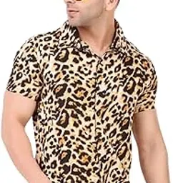 combraided Men's Stylish Leopard Print Casual Half Sleeve Shirt | Animal Print Camp Collar Button Down Shirt-picture-22