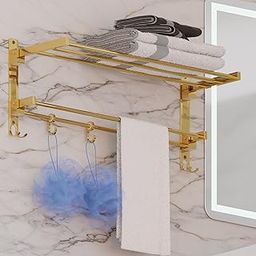 LUXIUR Towel Rack for Bathroom, Shelf for Wall with Towel Hooks, Towel Rack, Kitchen Accessories Items Wall Mounted for Heavy-Duty Elegance and Organized Bathrooms (Gold, 24 Inch)-image-81