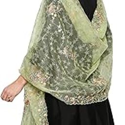 Women's Pastel Green Embroidered Organza with Sequins Work and Scalloped border-image-1