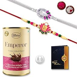 DeoDap Multicolor Peacock Silver & Ganpati in Lotus Colorful Rakhis / Bracelet & Effete Chocolate Emperor (CRM), with Silver Color Pooja Coin, Roli Chawal & Greeting Card, Occasion, Rakhi Combo with card and chocolate, chocolates gift pack, Rakhi & Chocolate for brother, rakhi with gift, Set of 2 Rakhi, (K2_542+A66_CRM)-image-90