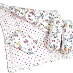 NWF 100% Cotton Unisex Baby Bedding Set with Mattress | Portable Baby Bedding for Day Use | 0-24 Months | Size: 26" x 40" | Pack of 4 | Pink Baby Toys-14