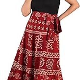 Traditional Cotton Wrap Around Skirt, Block Print Pattern, Red and Beige, Long Length-image-34