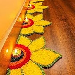Decorative Floral Rangoli Mat Set for Diwali, Ganesh Chaturthi, Traditional Indian Festivals, 12 inches (Yellow, Set of 2)-image-21