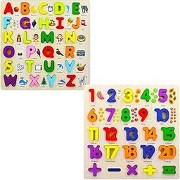 WISHKEY 3D Wooden Capital Alphabet & Number Board Puzzles with Pictures,Set of 2 Montessori Educational Learning Letters Toy for Pre Schooler Kids Boys & Girls(Pack of 2, Multicolor)-9