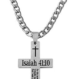 Christian Bible Verse Isaiah 41:10 So do not fear, for I am with you; Silver Stainlees Steel Cross Mens Jewellery Pendant Necklace Chain For Men LSKPn22022-image-71