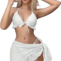 LUXZII Women's 3-Piece Crochet Lingerie Sets with Halter Ruffle Top and Side Tie Cover-Up Skirt – Sexy Swimsuit Beachwear for Summer, Pool, Vacation-image-50