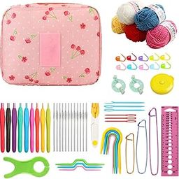 Tusmad Crochet Knitting Needle Kit 107 Pcs Starter Kit for Beginners, Ergonomic, Crochet Hooks Travel Bag,for Beginners Adults or Kids Crochet Kits Include Yarn with Crochet Hooks, Stitch Markers & Accessories (Cherry Pink color storage bag )-image-81
