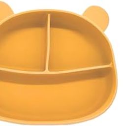 Babylief Bear-Shaped Silicone Divided Plate with Matching Wooden Handle Silicone Spoons Combo (Mustard Yellow)-97