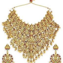 Jewellery Antique Gold Tone Red & Green Stone Wedding Heavy Temple Jewellery Laxmi Choker Necklace Set with Drop Earrings For Women & Girls Stylish Latest (NETO17_Z1)-image-10